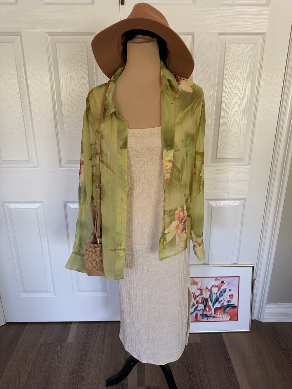 Vintage Y2k Light yellow green chartreuse chiffon floral  button down
